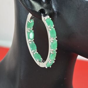 925 Sterling Silver Oval Hoop Earrings 2x2.5cm with Natural Emerald Gemstone
